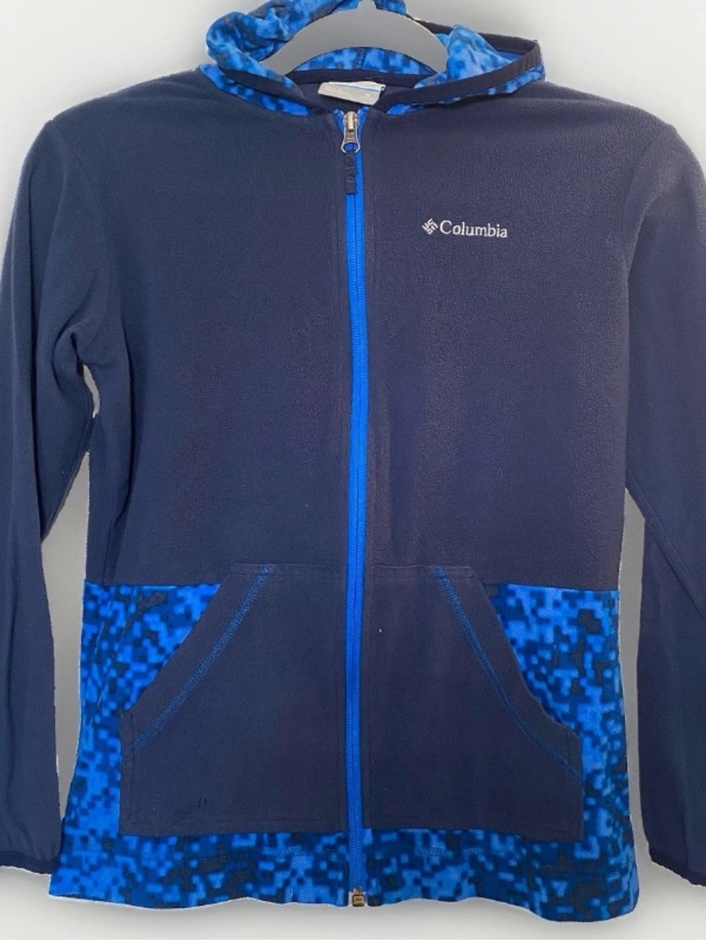 Columbia Youth Medium 10/12 Hooded Fleece Jacket Blue Digital Camo Zipper